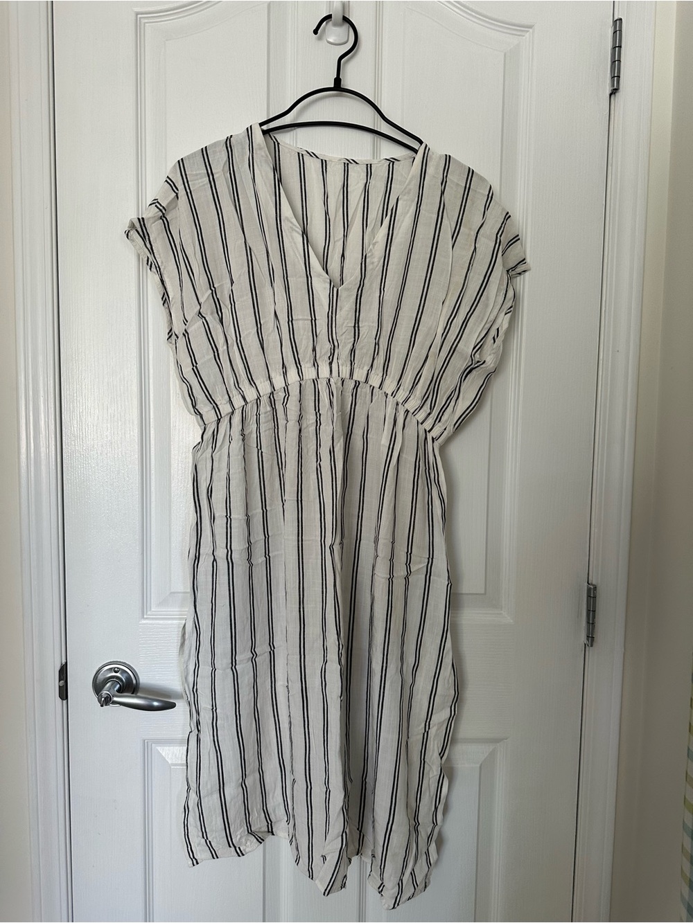 Striped White and Black V-Neck Women’s Beach Coverup